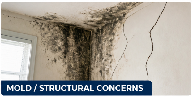 Mold damage and wall cracks inside a house
