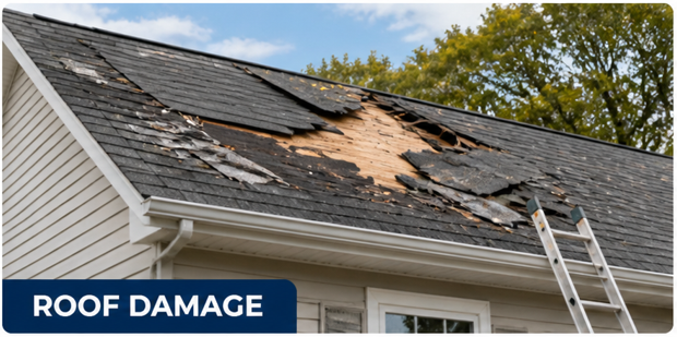 House with roof damage after storm